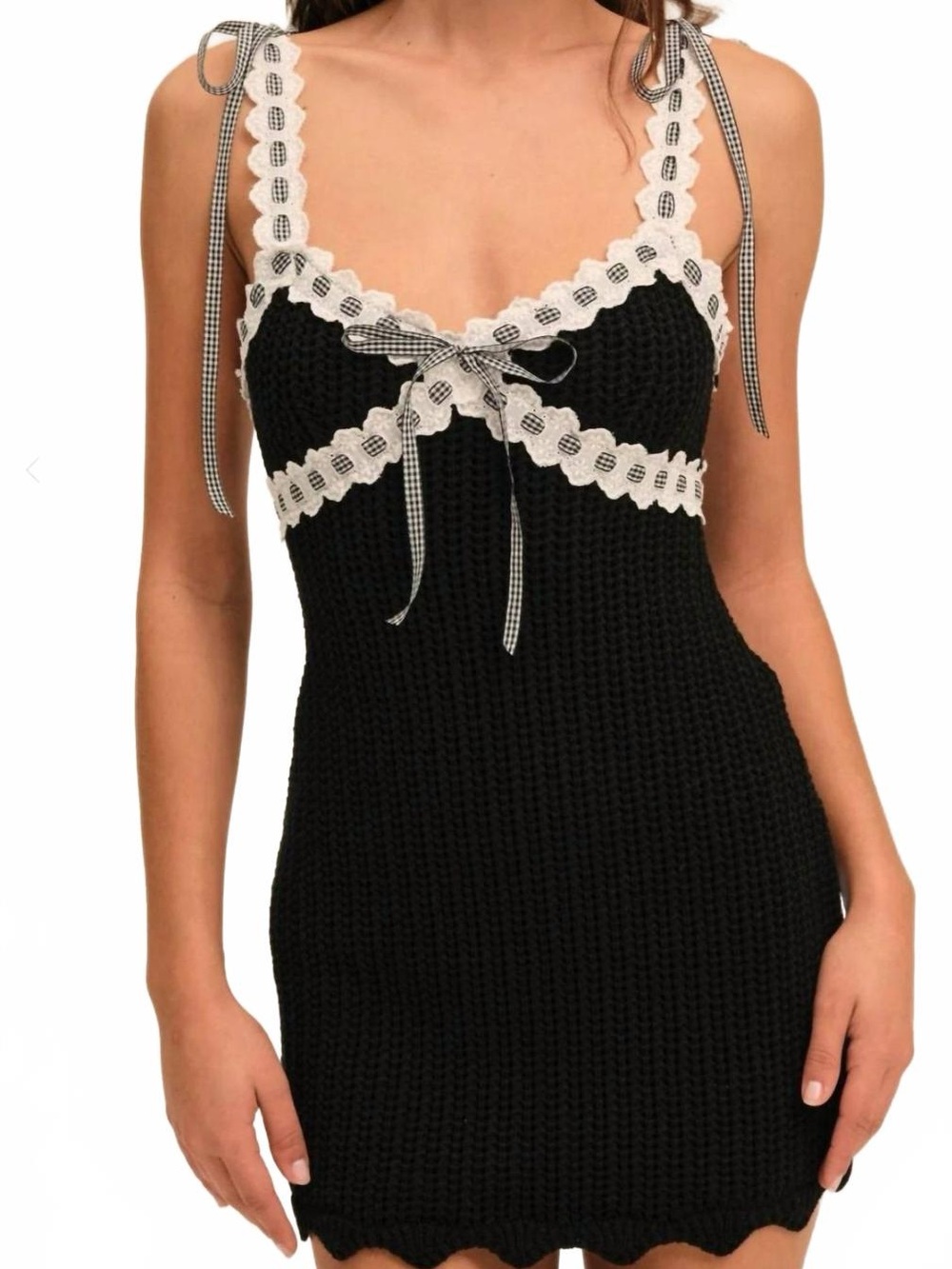 For Love & Lemons Becka Lace-Trim Knit Mini Dress - Black & Cream